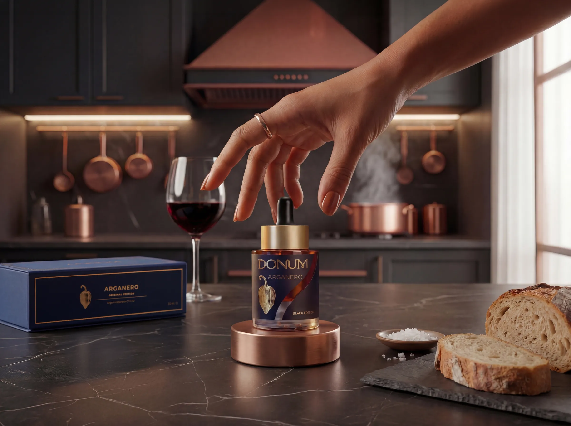 A hand reaches for the ARGANERO flacon in a dark kitchen, beside bread and wine