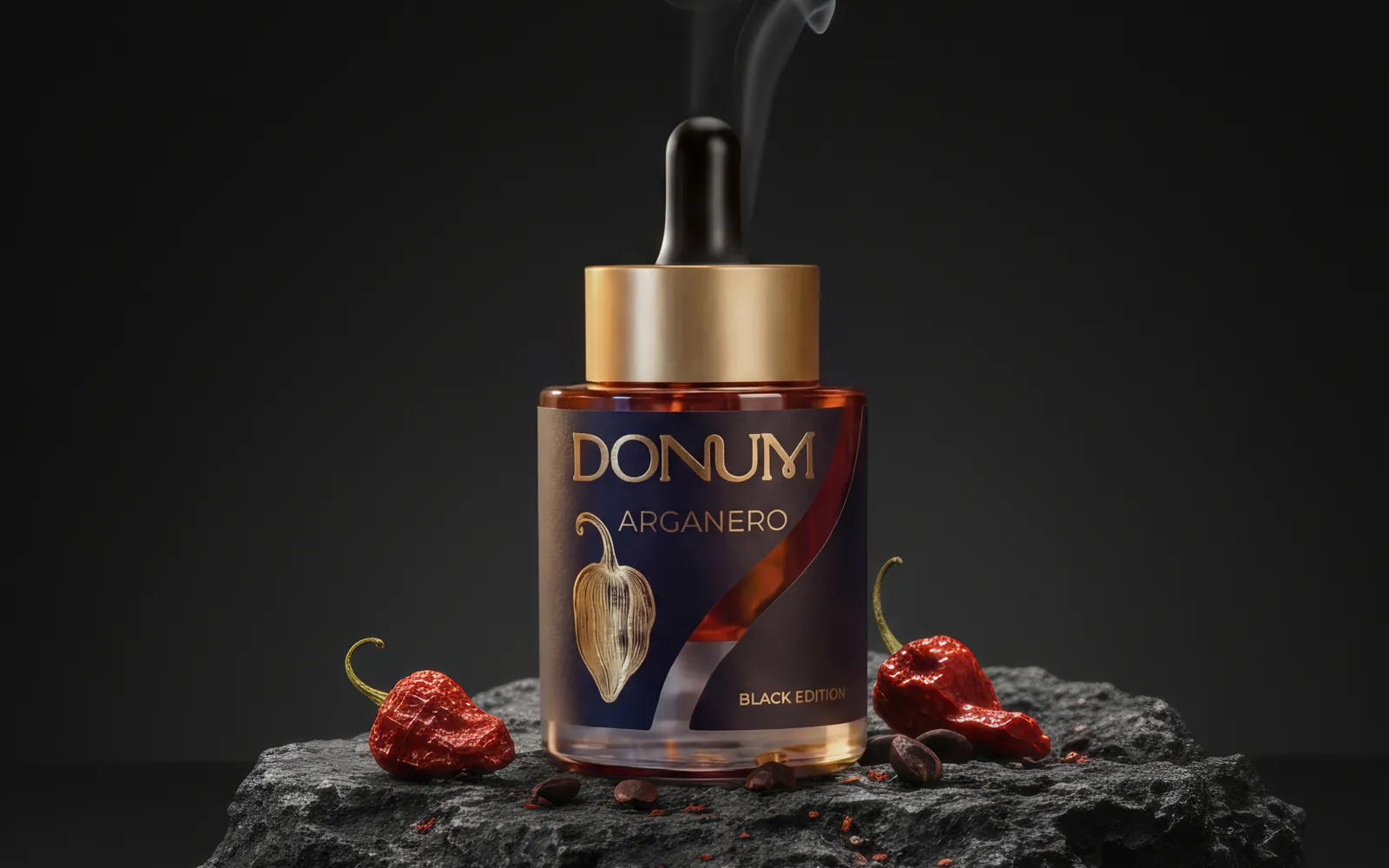 The ARGANERO Black Edition flacon with pipette on volcanic stone, accompanied by habaneros