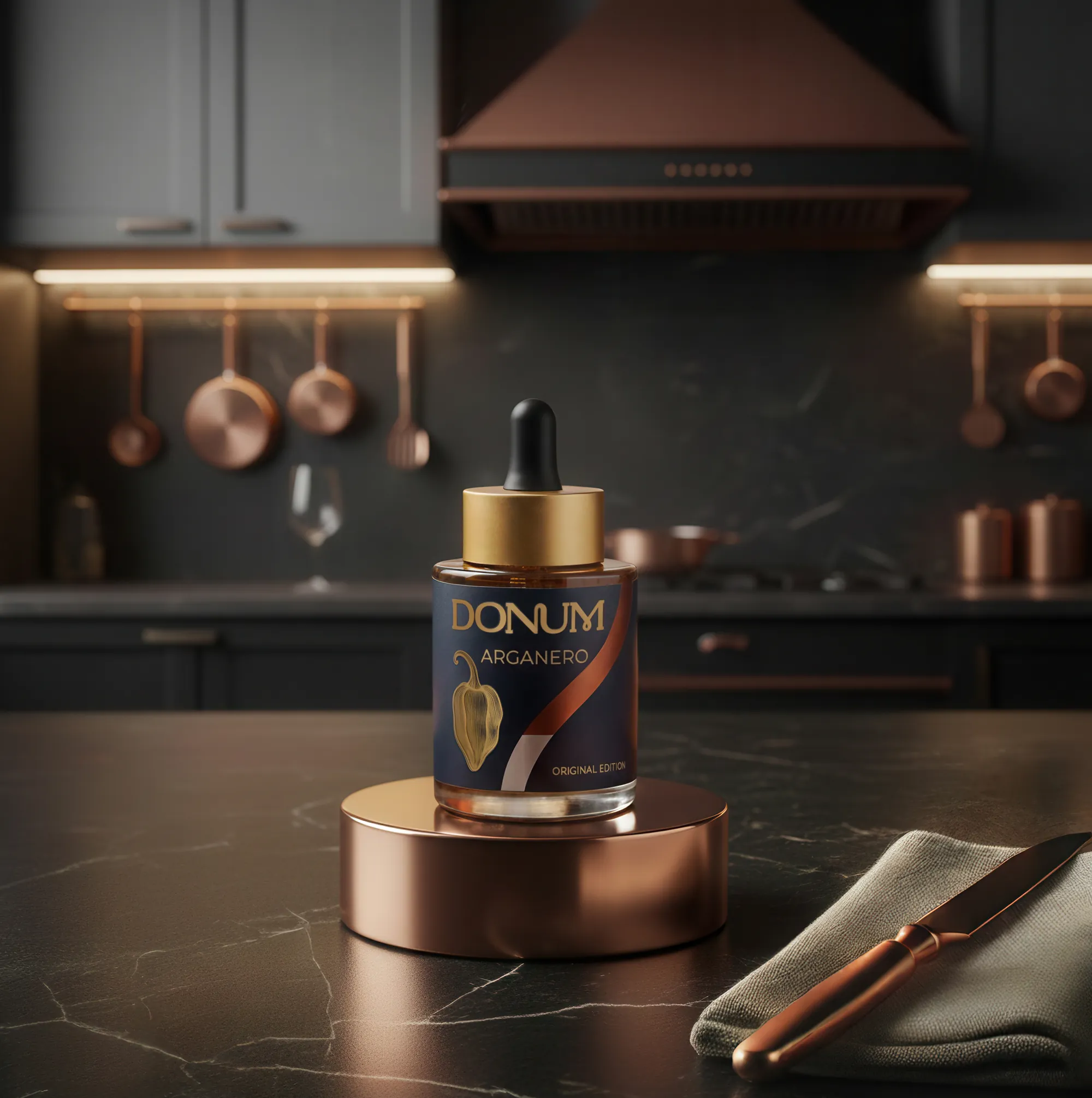 The ARGANERO flacon on a copper riser in a dark designer kitchen